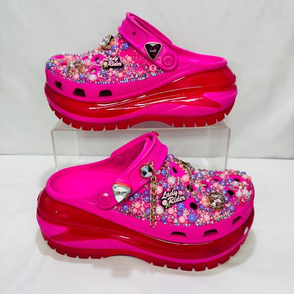 CROCS Pink Rhinestone Bejeweled Platform Mules - Picture 3 of 9